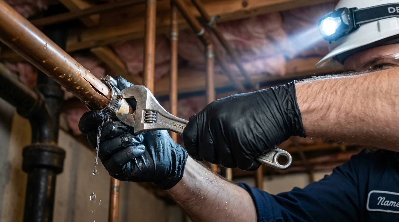 Emergency pipe clamp repair being performed by a Johns Plumbing LLC plumber in Winder